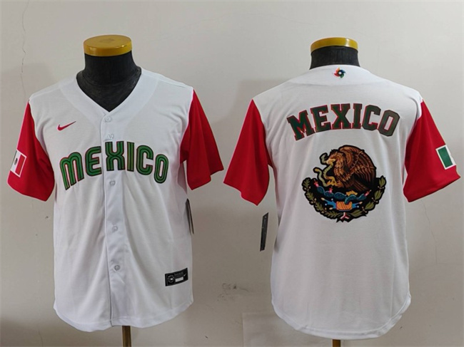 Youth Mexico Baseball 2023 White Red Big Logo World Baseball Classic With Patch Stitched Jersey